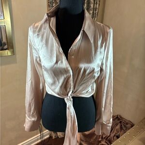 Topshop Satin Tie-Front Blouse in Cream